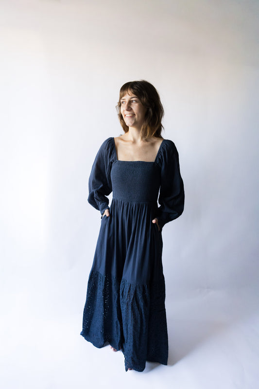 Indigo Square Neck Smocked Maxi Dress
